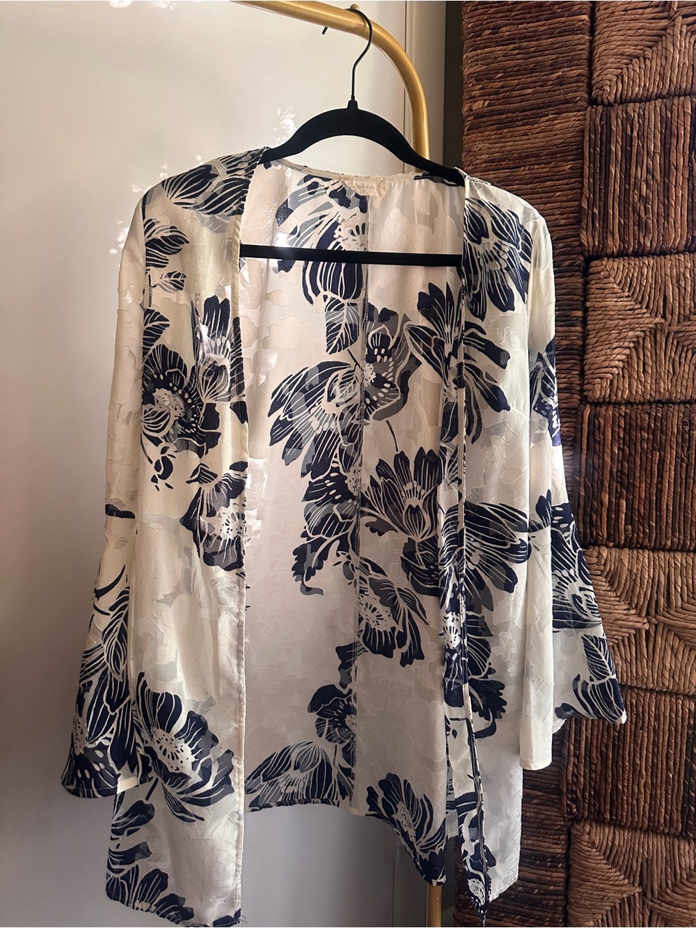 White Sheer Floral Kimono with Navy Print